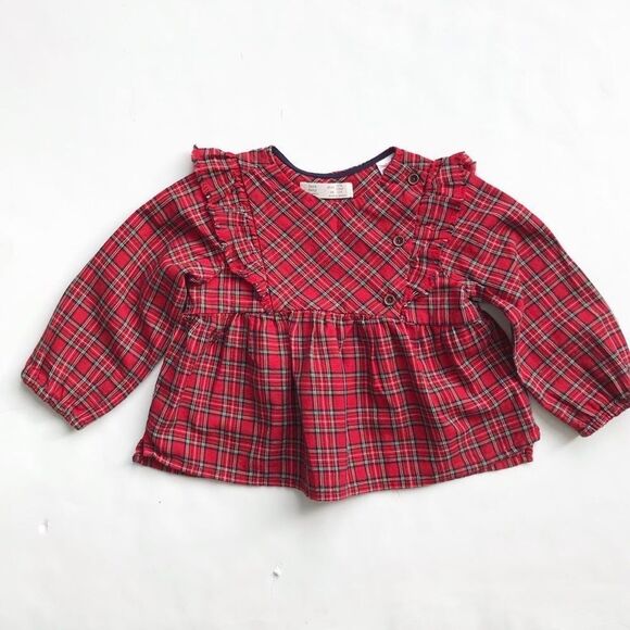 Zara red tarragon plaid ruffle blouse EUC 3/4T - Picture 1 of 5
